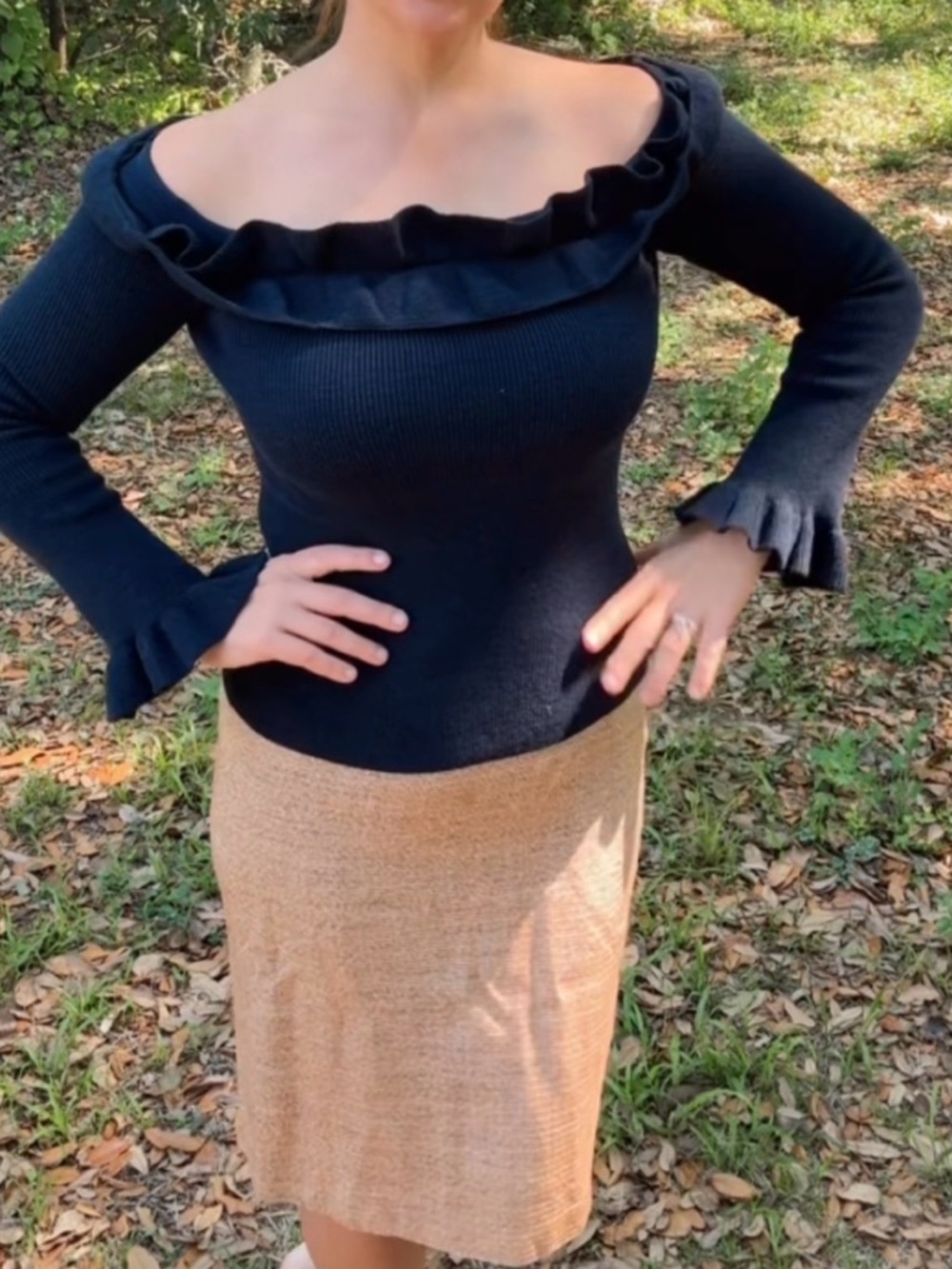 Ruffled Off-the-Shoulder Sweater - Navy Blue